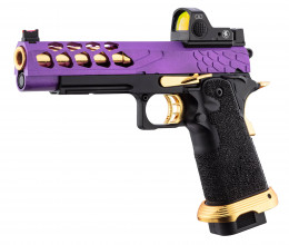PG9003-01 Pistolet Airsoft GBB Stryk Hi-Capa 5.1 Violet et Or Lancer Tactical avec RMR Photo PG9003-01 Pistolet Airsoft GBB Stryk Hi-Capa 5.1 Violet et Or Lancer Tactical avec RMR