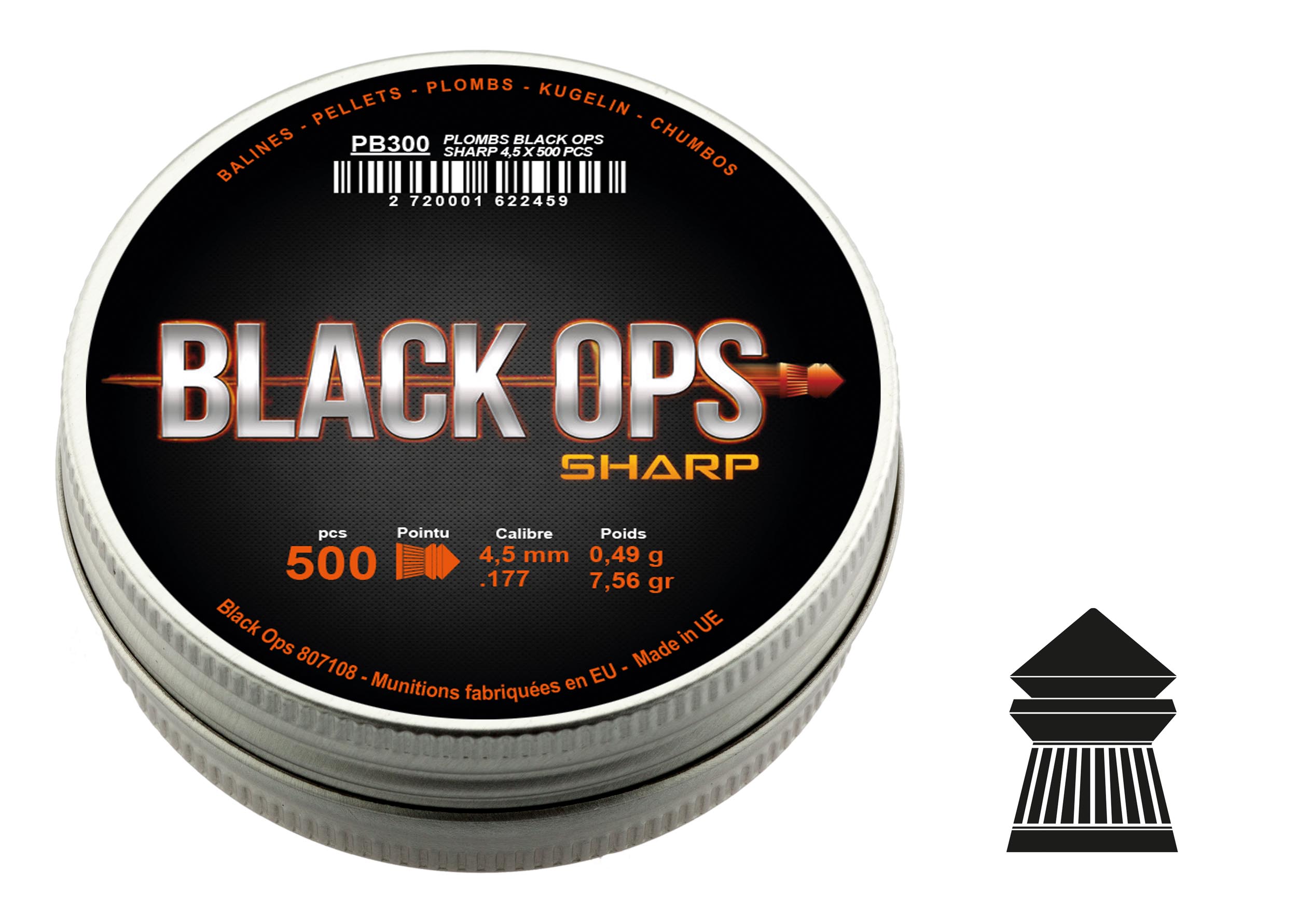 PB300-12 Boîte de 500 plombs Black Ops Sharp à tête pointue cal. 4.5 mm