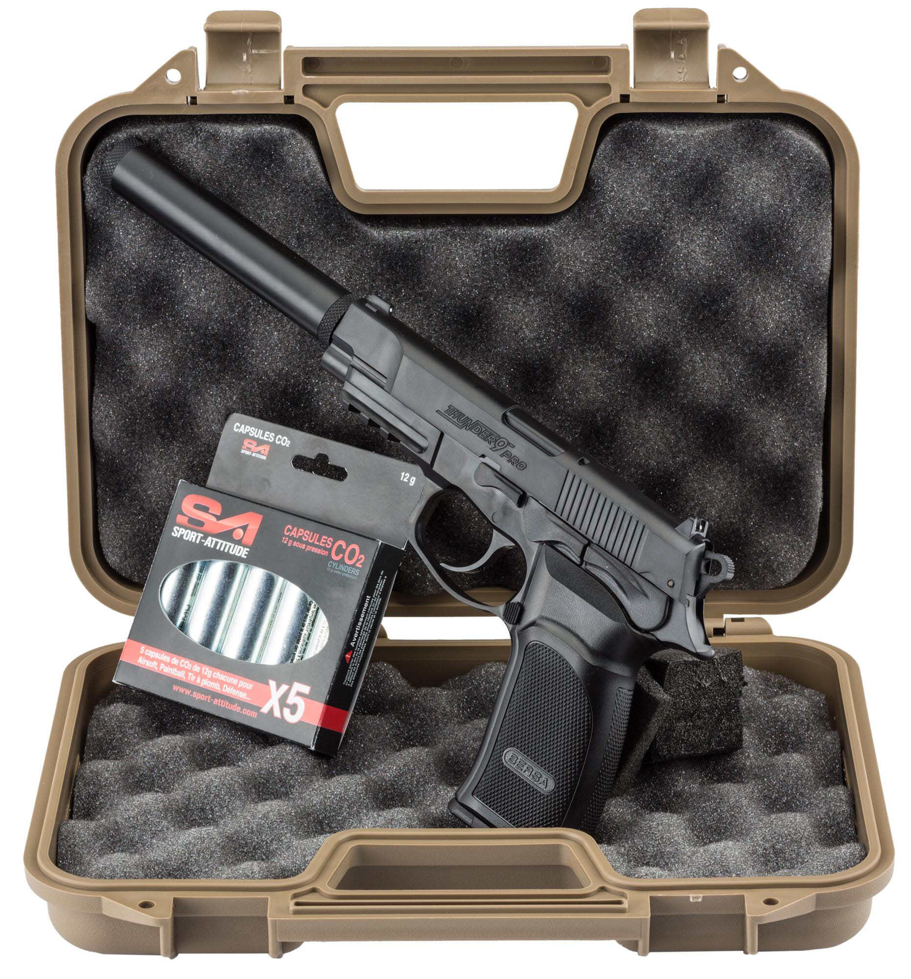 Bersa Thunder 9 CO2 airsoft pack + case + 5 CO2 cartridges + silencer